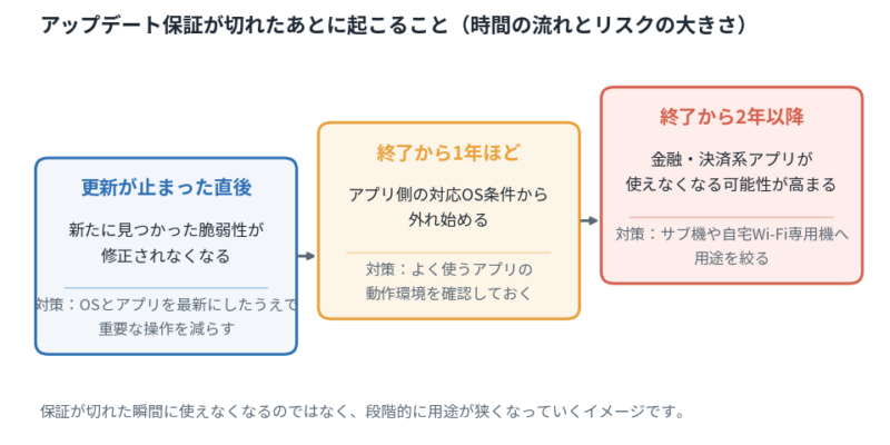 アップデート保証終了後のリスクを3段階で示した図。更新停止直後は脆弱性が放置され、1年ほどでアプリの対応OS条件から外れ始め、2年以降は金融・決済系アプリが使えなくなる可能性が高まる。