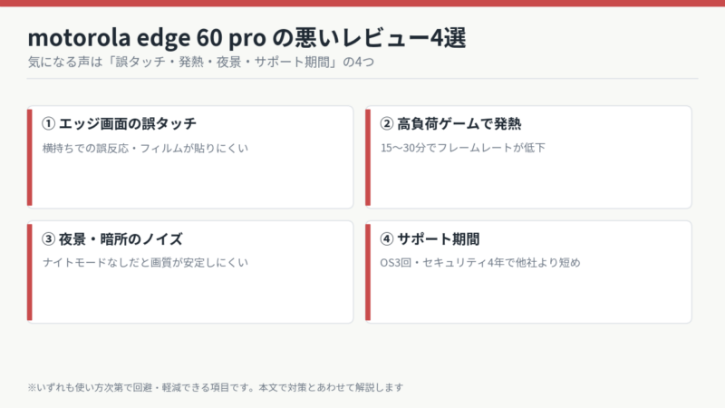 Motorola Edge 60 Proの悪いレビュー4選 誤タッチ・発熱・夜景のノイズ・サポート期間