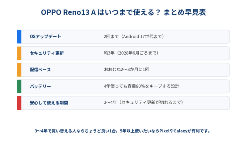 OPPO Reno13 Aのまとめ早見表。OSアップデートは2回まで、セキュリティ更新は約3年、バッテリーは4年使っても容量80％をキープする設計、安心して使える期間は3〜4年。