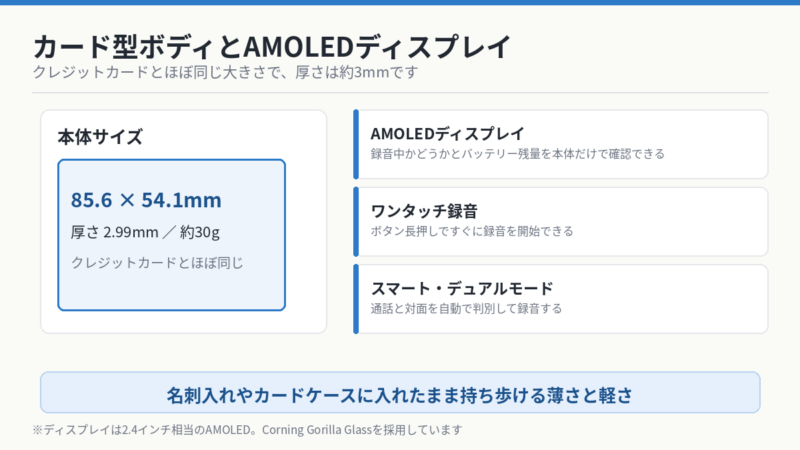 Plaud Note Proのカード型ボディとAMOLEDディスプレイ 85.6×54.1×2.99mm 約30g