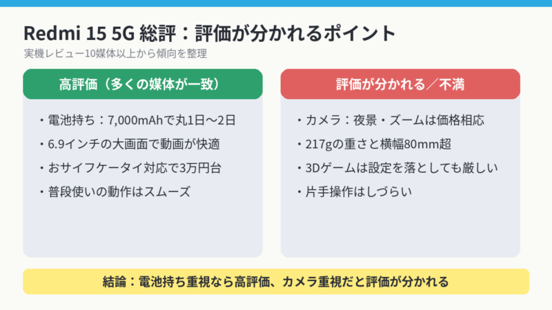 Redmi 15 5Gの総評図。高評価は電池持ち・6.9インチ大画面・おサイフケータイ・普段使いの動作。評価が分かれるのはカメラの夜景とズーム・217gの重さ・3Dゲーム・片手操作。結論は電池持ち重視なら高評価、カメラ重視だと評価が分かれる。