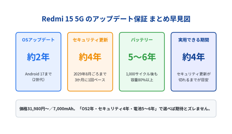 Redmi 15 5Gのアップデート保証まとめ。OSアップデート約2年、セキュリティ更新約4年、バッテリー5〜6年、実用できる期間は約4年。